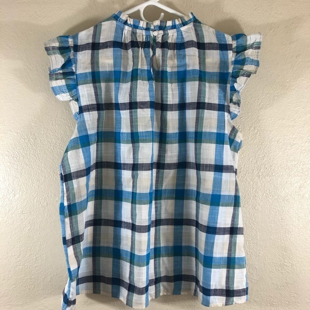 A.N.A Plaid Ruffle Cap Sleeve blue top